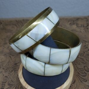 Vintage Brass Abalone Mother Of Pearl Bangle Set